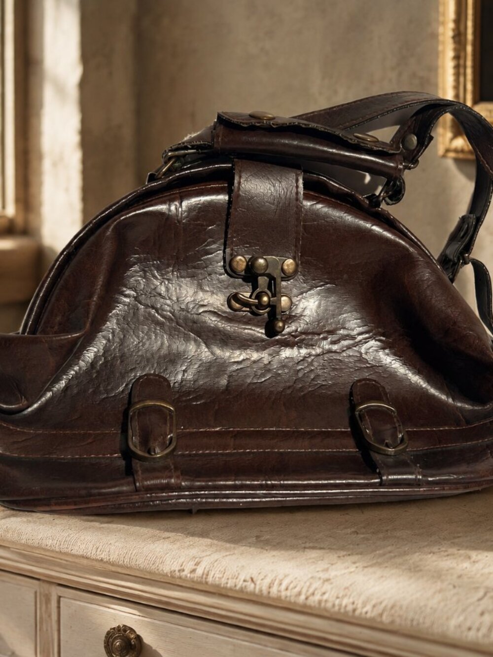 Vintage Dark Brown Faux Leather Doctor Bag Style Crossbody Handbag